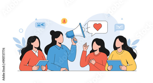 Four women, one using a megaphone to make an announcement, surrounded by social media icons, symbolizing effective social media marketing and public relations.