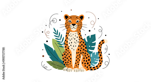 Adorable cartoon leopard sitting gracefully amidst vibrant tropical leaves and playful decorative elements, exuding exotic charm.