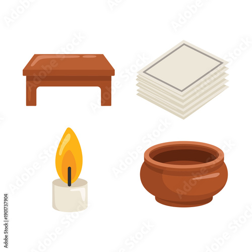 Ritual offering elements with low altar table, candle lamp, clay bowl, folded spirit money, remembrance ceremony, ancestral worship, memorial design