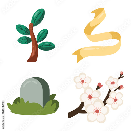 Gravestone with green tree and cherry blossom branch, remembrance landscape icons for memorial day poster, ancestor tribute, grave visit