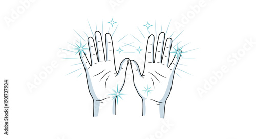Illustration of two sparkling clean hands with radiating stars, powerfully symbolizing impeccable hygiene, health, and cleanliness.