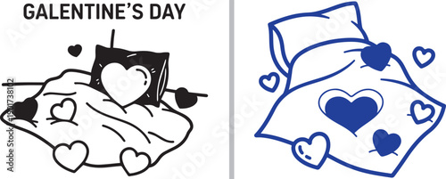 Two charming vector illustrations of a cozy bed for Galentine's Day. Featuring rumpled blankets and pillows adorned with floating hearts in black-and-white and bold blue line art styles.