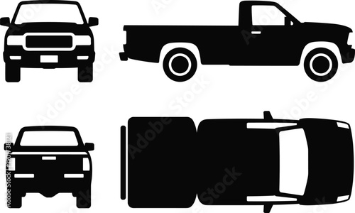 Pickup truck silhouette vector set showing front side rear and top views isolated on white background for transport design