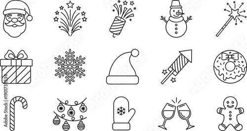 Holiday celebration and festive icons set, winter joy and seasonal decoration concept, cad drawing flat vector illustration, black and white