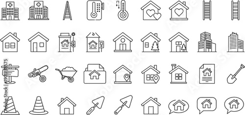 Home construction icon set, house building symbols, architecture tools line art, real estate icons, construction equipment, property development elements, blueprint signs