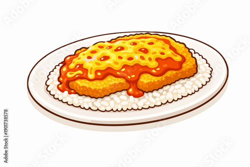 Baked Pork Chop Rice Flat vector illustration of Hong Kong baked pork chop rice, breaded pork chop over rice with tomato sauce and baked cheese topping, served on oval plate, clean flat vector style, 