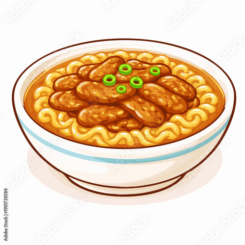 Satay Beef Instant Noodles Flat vector illustration of Hong Kong satay beef instant noodles, bowl of noodles with sliced beef in satay sauce, simple garnish, flat minimal vector illustration, rounded 