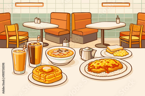Flat vector illustration of a Hong Kong Cha Chaan Teng café interior, showing a cozy local diner scene with classic menu items on the table: Hong Kong–style milk tea in a glass, yin yang coffee tea 
