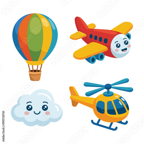 Kids aviation clipart icons with hot air balloon, smiling airplane, helicopter and friendly cloud, perfect for birthday banners, learning games