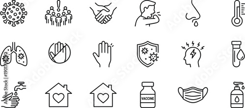 Health safety icons set, hygiene and protection illustration collection, medical prevention symbols, wellness awareness graphics, virus caution elements and personal care concepts
