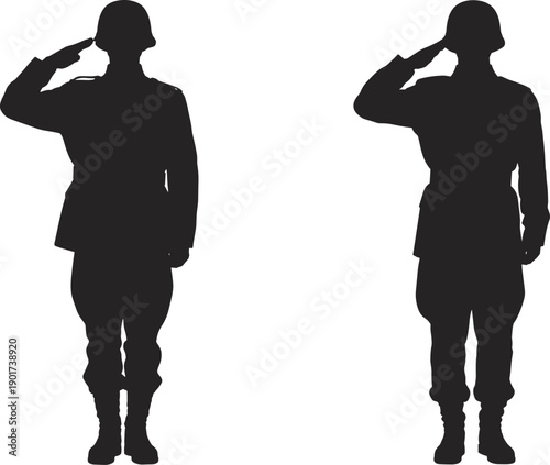 Soldier silhouette saluting set in military uniform, army personnel gesture pose collection, black vector figures isolated on white