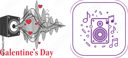 Two vibrant vector illustrations celebrating music for Galentine's Day. Features a speaker emitting sound waves with red hearts and a purple icon with musical notes and confetti.
