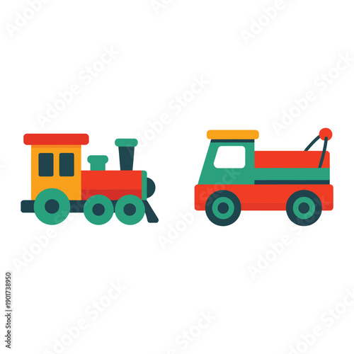 Toy train locomotive with carriages and fire truck icons, transport clipart for kids birthday invitation, classroom poster, nursery design