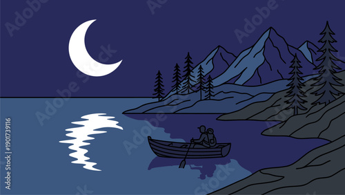 Night lake rowing under crescent moon. Person in boat with mountain and forest landscape. Peaceful outdoor scene.