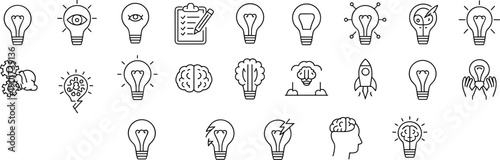 Ideas and creativity icons for innovation, brainstorming, inspiration, light bulbs, brainpower, thinking, solutions, startup, invention, and creative process