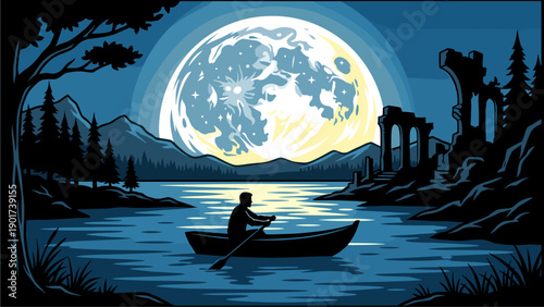Tranquil Night: Rower on Lake Under Giant Full Moon, Silhouetted Mountains & Ancient Ruins