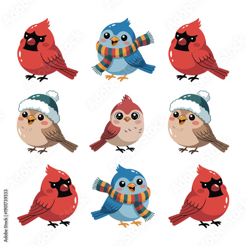 Cute bird pattern tiles, cardinal and owl characters, winter celebration backdrop, party decorations, classroom bulletin session materials, seasonal vector set