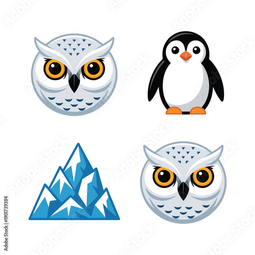 Wallpaper Mural Arctic wildlife icons, snowy owl faces, cute penguin, ice mountains, winter festival poster design, wildlife education session graphics vector Torontodigital.ca
