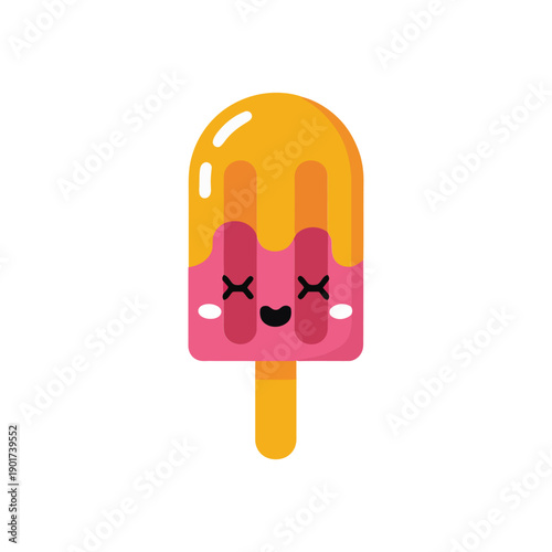 Cute popsicle ice cream with smiling face and fruity drizzle, summer dessert icon for kids party, frozen treats menu design