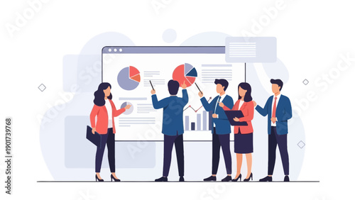Business team presenting financial report with charts on screen