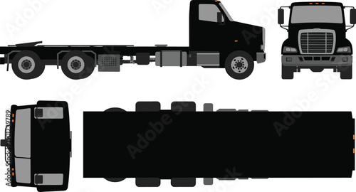 Semi truck chassis vector illustration set showing front side and top views isolated for logistics transport industrial vehicle design