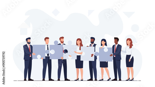 Diverse business team assembling puzzle pieces, teamwork concept, collaboration, strategy, success
