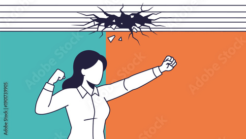 Woman Breaking Through Glass Ceiling Obstacle.