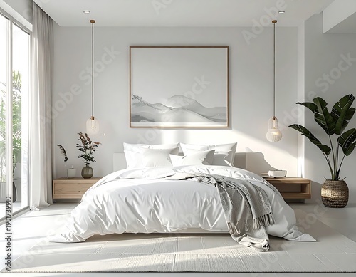 Modern bedroom design, featuring a large bed, artwork, and natural light