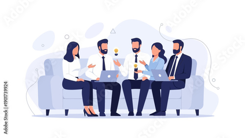 Diverse Team Brainstorming Ideas on Sofa with Laptops and Lightbulbs