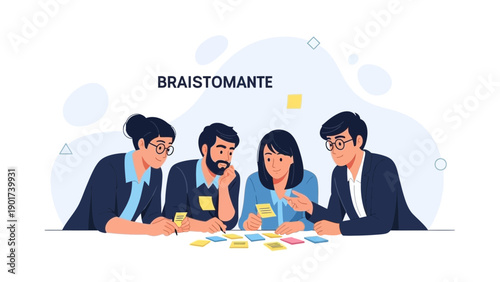 Diverse team brainstorming ideas with sticky notes, collaborative business meeting