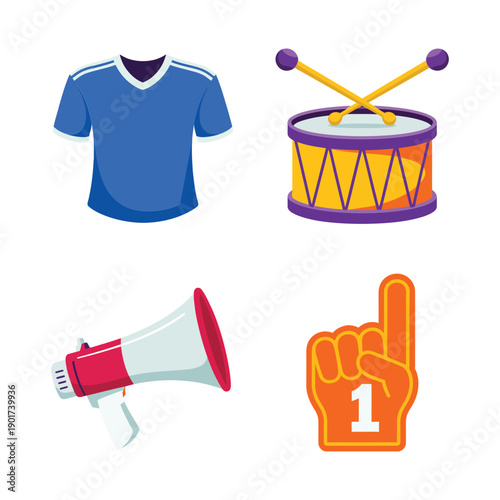 Sports supporter icon set with blue jersey, marching drum, megaphone, foam finger, stadium cheer graphics for match poster design