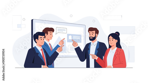 Diverse team collaborating on business strategy presentation, pointing at whiteboard