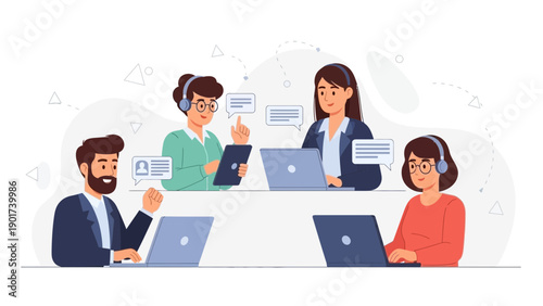 Diverse Team Collaborating Online with Laptops and Headsets