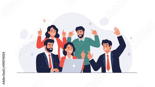 Teamwork success: Diverse business people celebrating achievement with laptop.