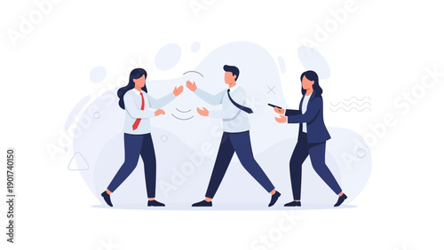 Business conflict: colleagues arguing, one mediating, abstract background