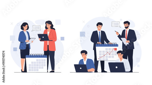 Business Meeting and Planning with Calendar and Laptops