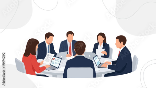 Business Meeting Around Round Table with Laptops and Documents