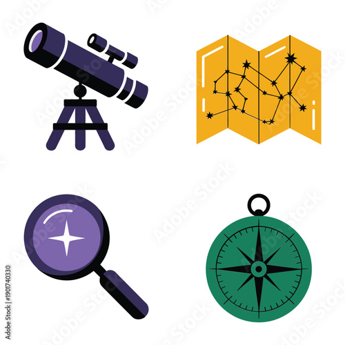 Observatory open night toolkit, telescope, star chart map, navigation compass, magnifier, guided session signage, space education event branding vector
