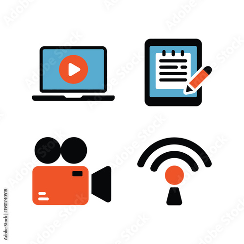 Online learning and webinar icons with laptop screen, checklist, video camera, wifi signal, e learning course, remote education technology