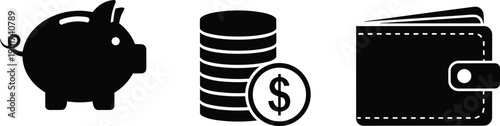 Vector, black, silhouette, illustration, set, of, a, piggy, bank, stack, of, coins, with, dollar, sign, and, wallet, for, finance, money, savings, and, investment, design