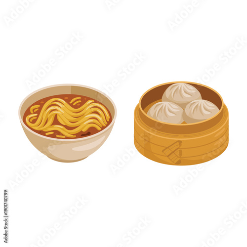 Noodle bowl and steamer basket illustration, asian food festival poster, ramen tasting session, dim sum brunch event, culinary market vector