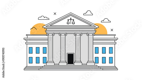 Illustration of a white classical courthouse building with greek columns and a golden scales of justice symbol on top.