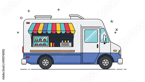 Side view of a white and blue food truck with a colorful striped awning selling cupcakes and sweet treats on white background.