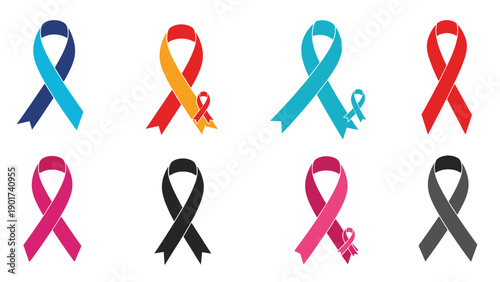 Set of colorful awareness ribbons representing various health causes like cancer, autism, and support for different medical conditions.