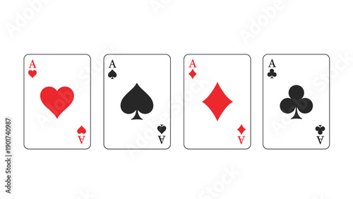 Set of four ace playing cards from a standard deck including hearts, spades, diamonds, and clubs arranged on a white background.