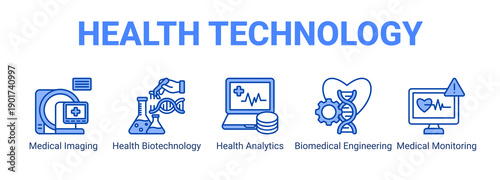 Health Technology web banner icon concept, with Medical Imaging, Health Biotechnology, Health Analytics, Biomedical Engineering.