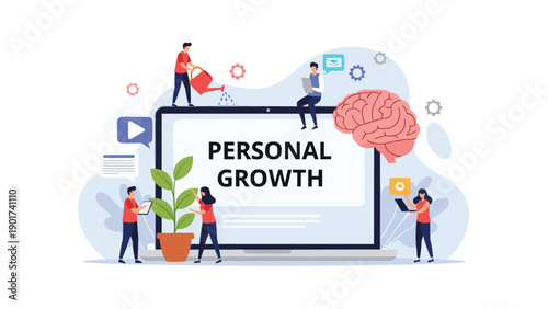Personal growth and self-improvement concept featuring people tending to a plant on a laptop screen with a large brain and gears.