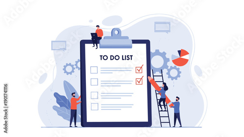 Team of people working together to complete tasks on a giant to-do list clipboard with gears, a ladder, and colorful charts.
