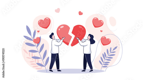 Relationship issues or breakup concept featuring a man and woman holding the two halves of a large broken red heart together.