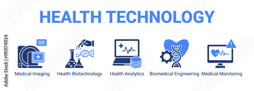 Health Technology web banner icon concept, with Medical Imaging, Health Biotechnology, Health Analytics, Biomedical Engineering.